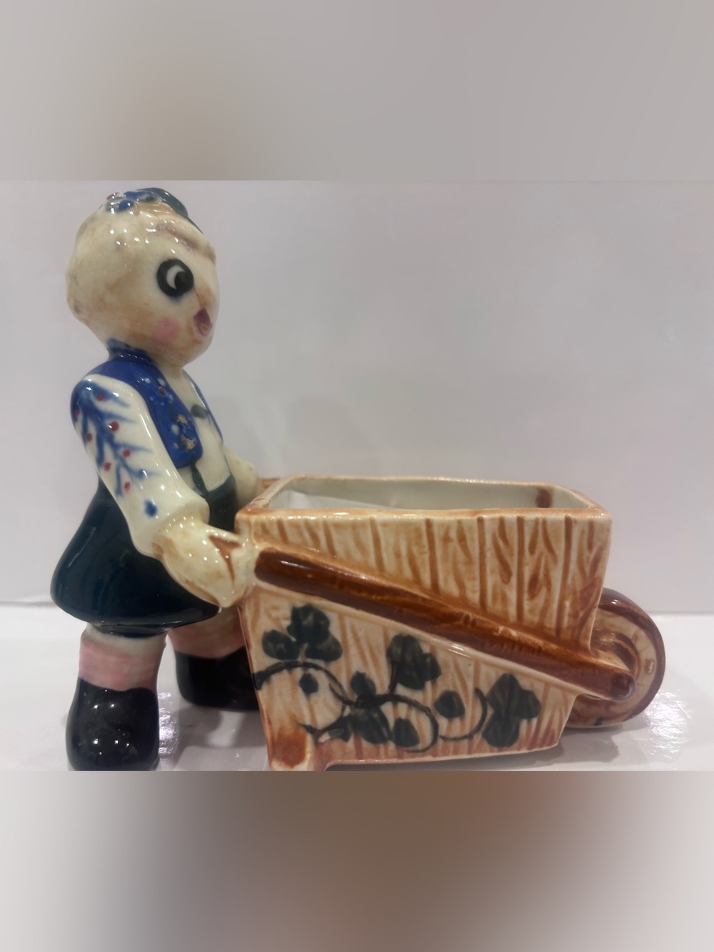 Vintage ceramic dutchboy wheelbarrow planter made in Japan handpainted cachepot